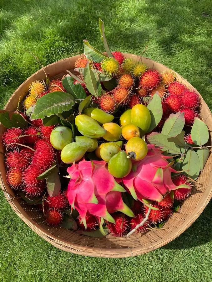 Fresh fruit basket including strawberries and dragon fruit